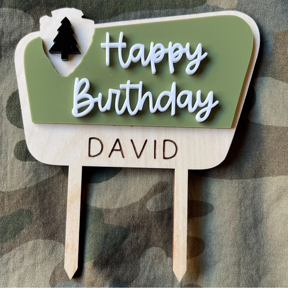 Green and White Happy Birthday David Cake Topper National Forest Style